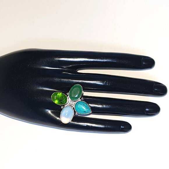 Bold Vintage Sterling Silver Multi-Gemstone Floral Cluster Statement Ring - Picture 11 of 15